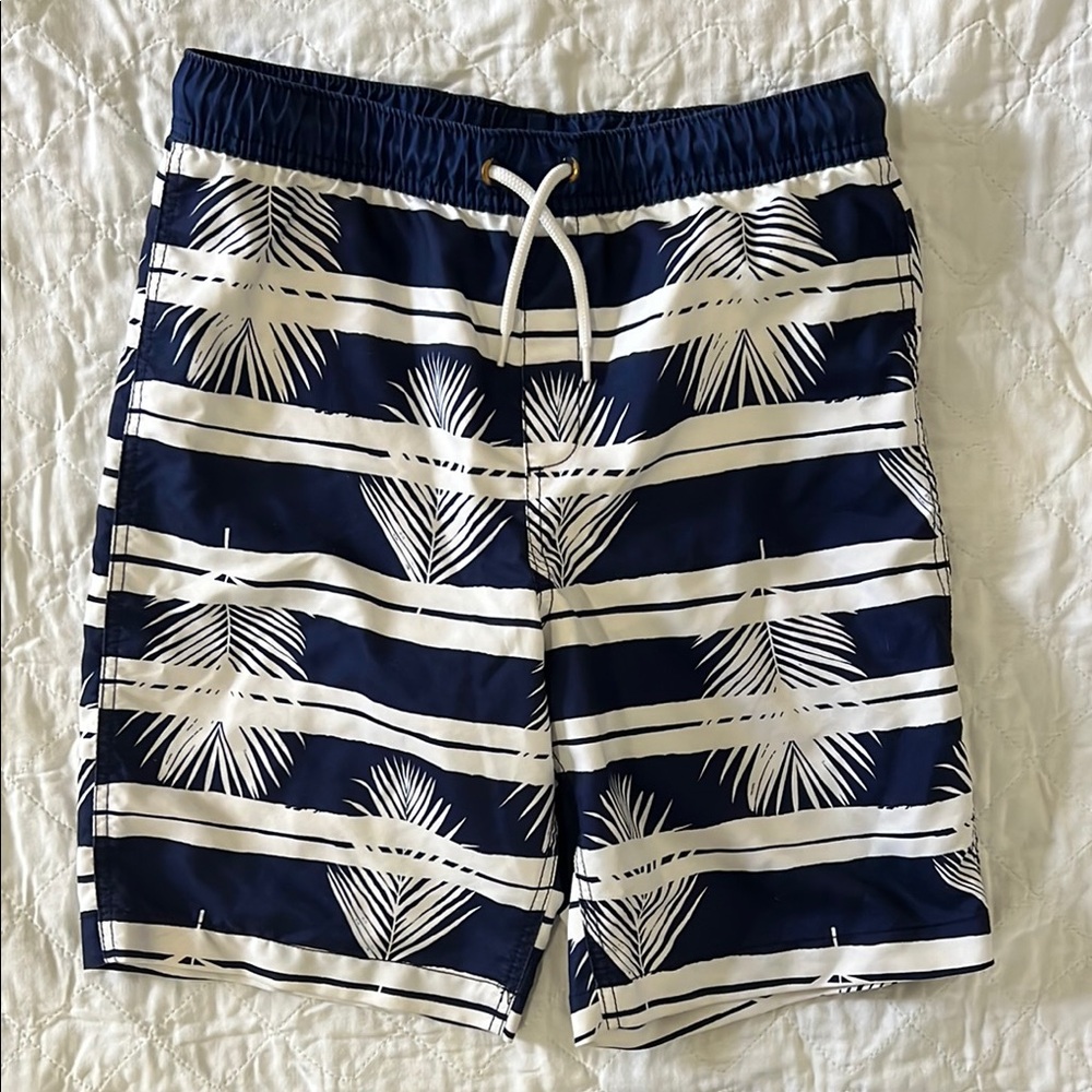 Navy and White Palm Print Boy’s Long Swim Shorts